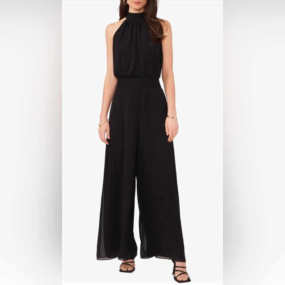Vince Camuto Women’s Tie Neck Chiffon Overlay Wide Leg Black Jumpsuit